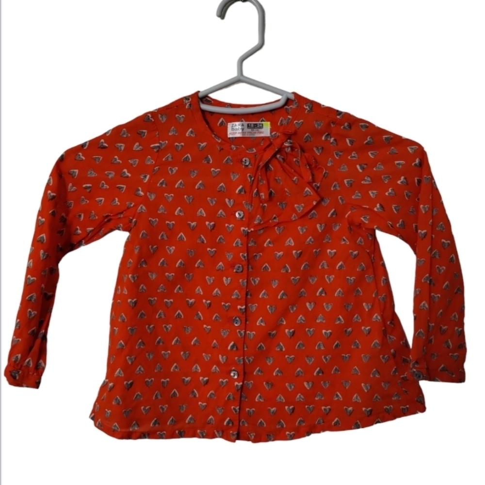 Zara Baby orange with gray hearts top button down with flap and bow long sleeve